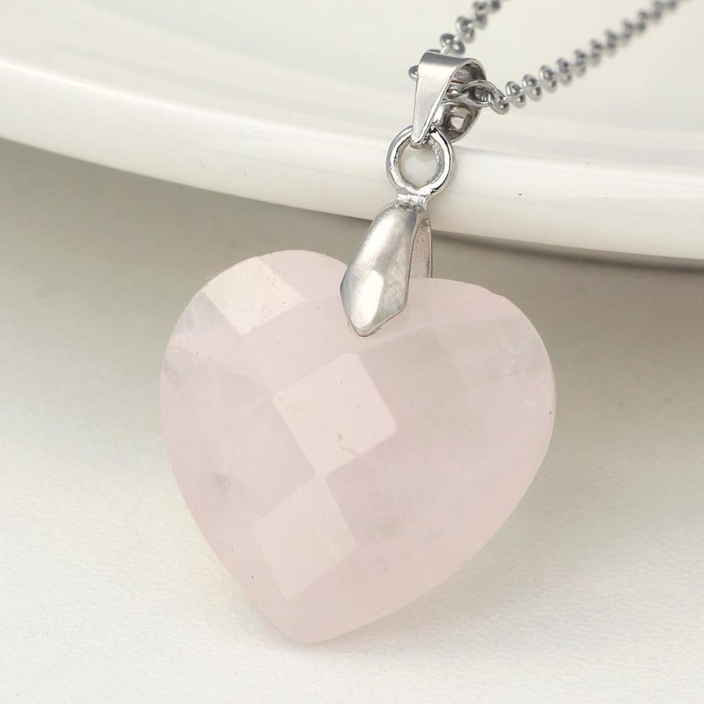 Valentine's Day Crystal Heart Pendant Necklace for Women, Natural Stone & Titanium Steel