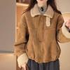 Women's Khaki Suede Velvet & Fleece Fur Jacket - Stylish Winter 2026 Short Cotton Coat