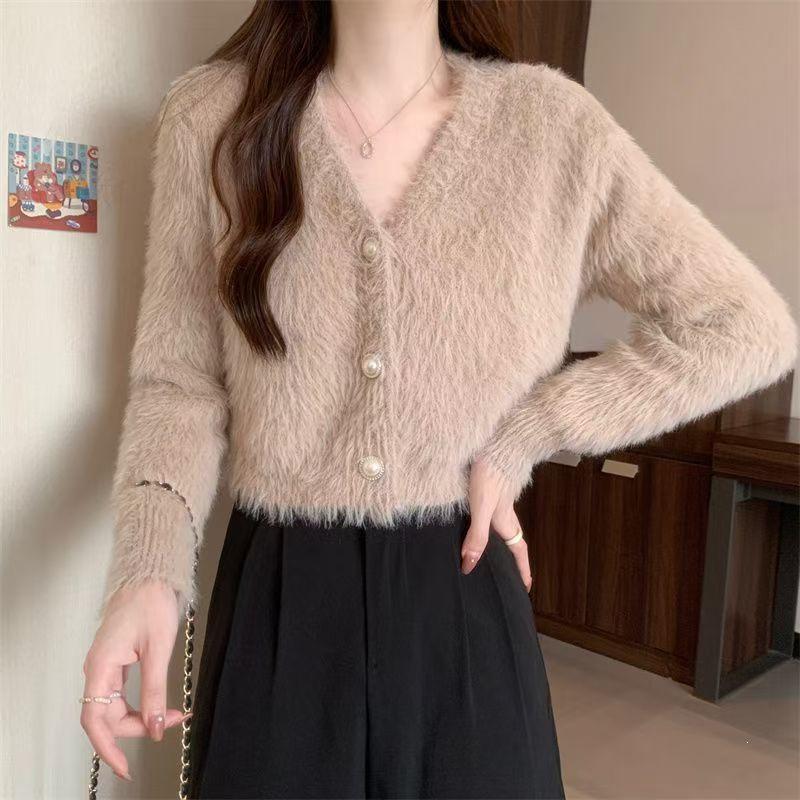 V-neck Faux Mink Velvet Short Knit Cardigan - Women's Autumn/Winter Outerwear