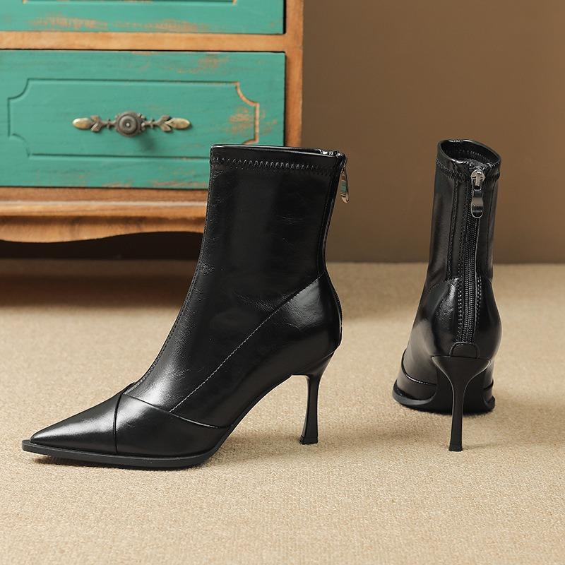 Pointed Wind Thin Boots Thin Heel High Heel Short Boots Women's Splicing Zipper Autumn and Winter New Temperament