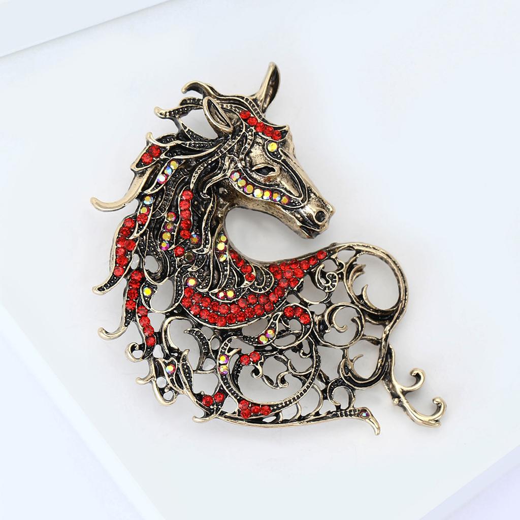 Vintage Hollow Out Handsome Horse Brooch Crystal Badge Pin Jewelry Accessory