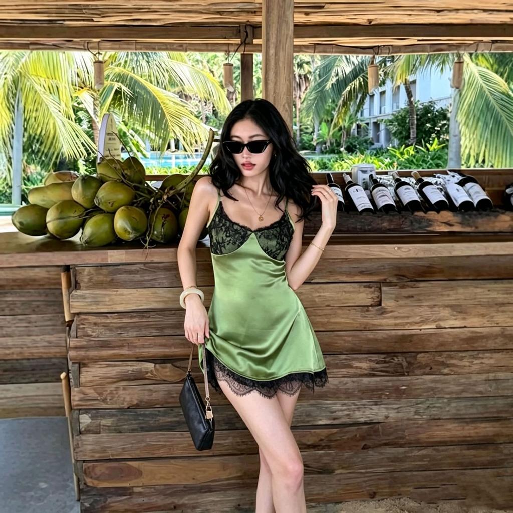 Women's Spice Girl Wind Lace Splicing Pure Desire Suspender Satin A-Word Dress Green Sexy Skinny Short Skirt