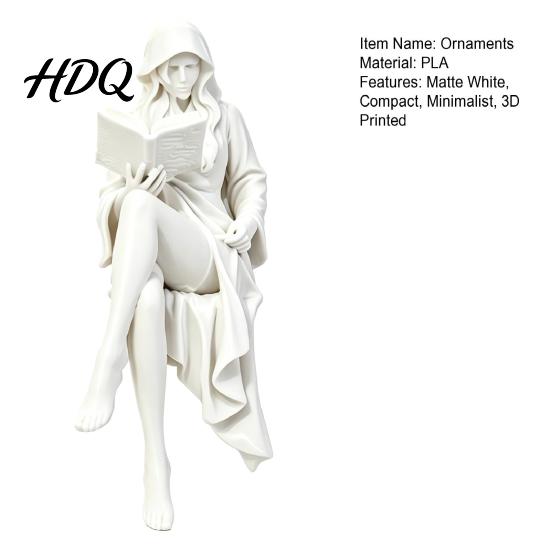 Unique Desk Accessories 3D Printed Ghost Girl Reading Statue, Elegant Faceless Figurine, Minimalist White Modern Table Decor for Shelf Edge,
