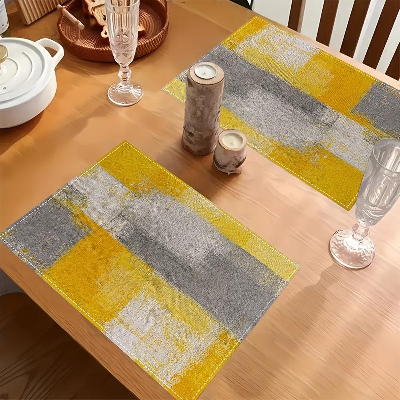 4pcs Abstract Geometric Yellow & Grey Placemats | 12x18 Inch Rectangular Linen Table Mats, Machine Washable | for Dining, Home, Kitchen, Banquet, Cafe