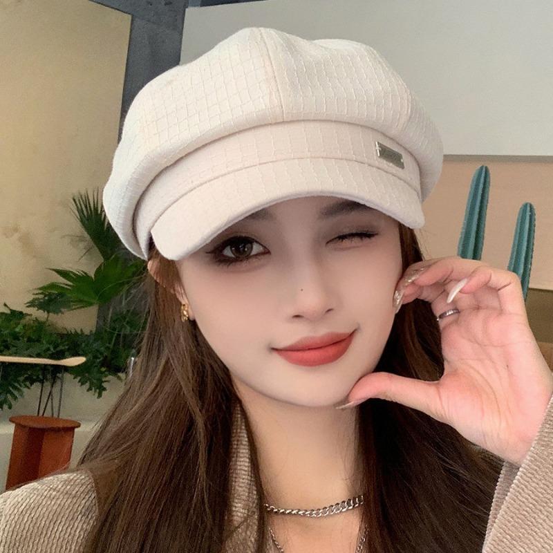 Ins versiunea coreeană pălărie octogonală texturată grilă toamnă iarnă beretă metalică cu logo artistică casual simplă pălărie știri