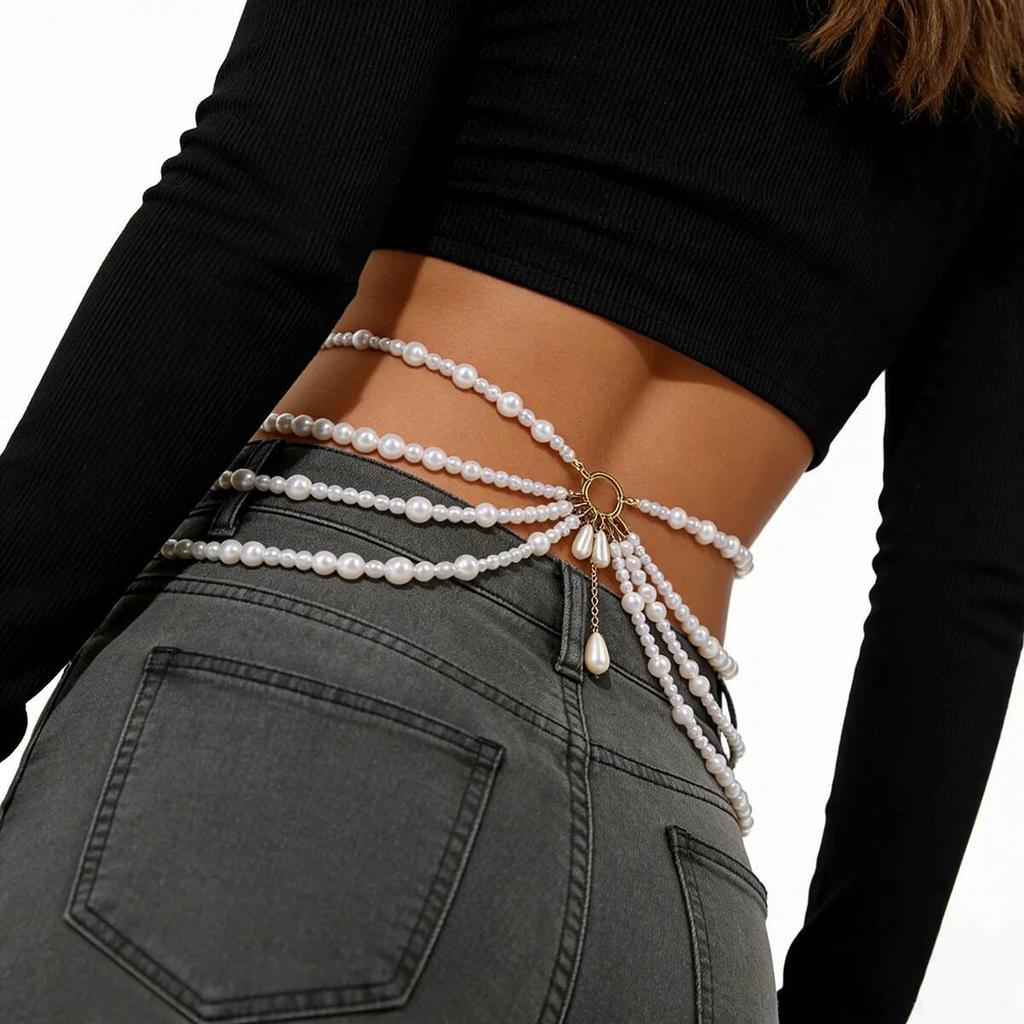 Salircon Elegant Luxury Imitation Pearl Belly Waist Chain for Women Summer Bikini Tassel Body Chain Jewelry Accessories 2026 New