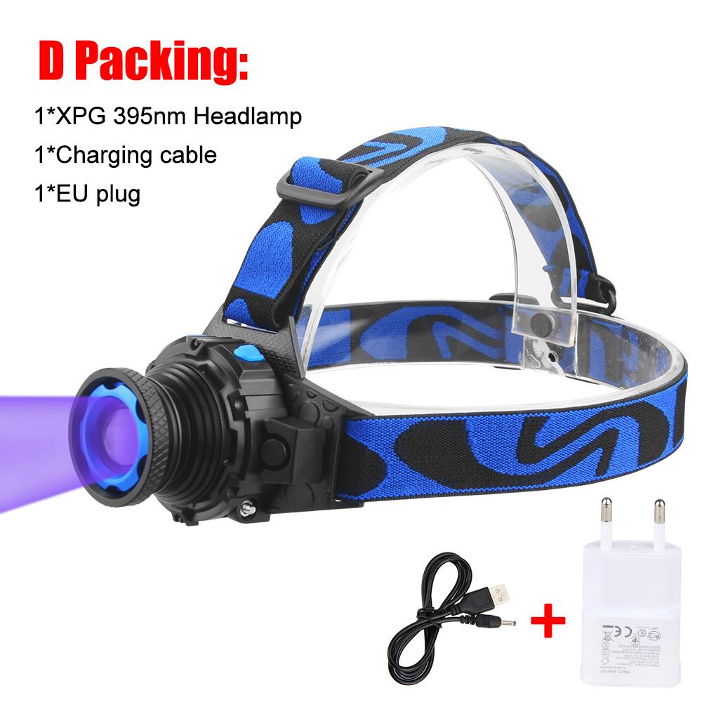 395nm UV Headlamp Ultraviolet Zoomable Headlight USB Rechargeable Purple Torch Catch Scorption Hunting Light Pet Urine Detector