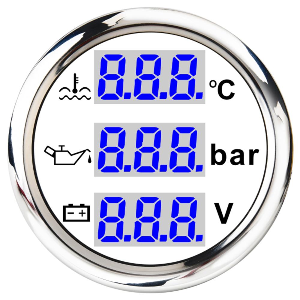 52MM 3 IN 1 Digital Gauge Water Temperature ℃/℉Oil Pressure Bar/PSI Voltmeter For Car Boat 12V/24V With Blue Backlight