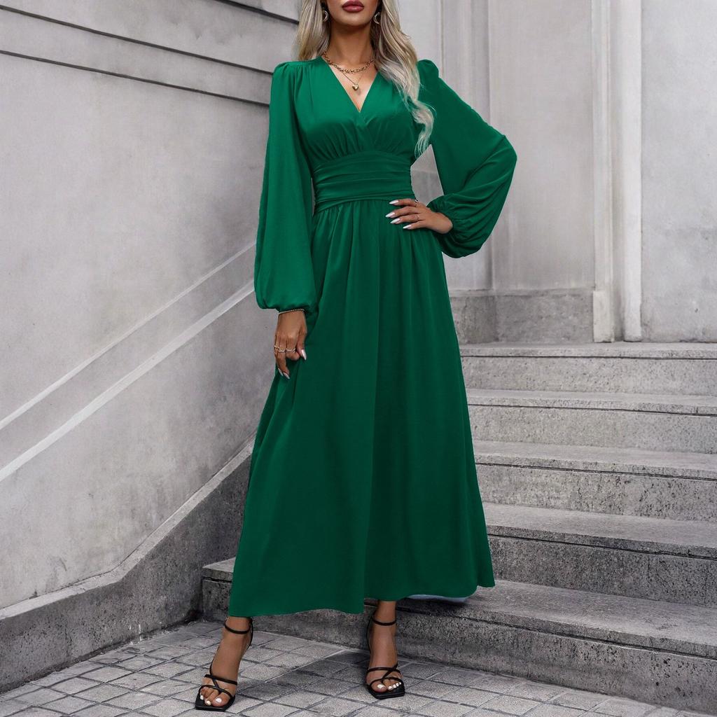 Women's Fashionable Color V-neck Long Sleeved Slit Dress