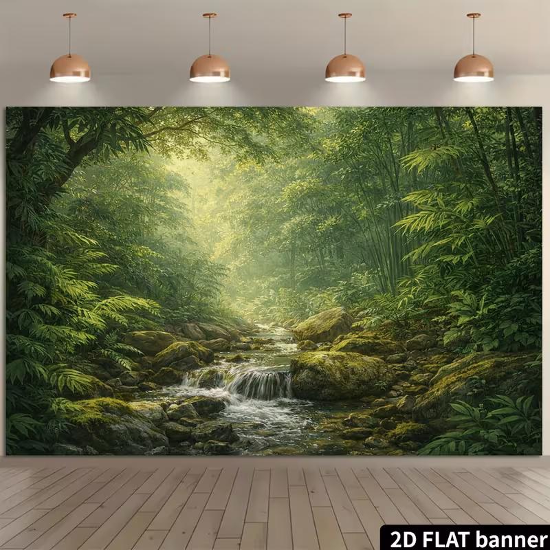 2D Misty Jungle Banner with Ferns and Mossy Rocks Photo Booth Background Cloth