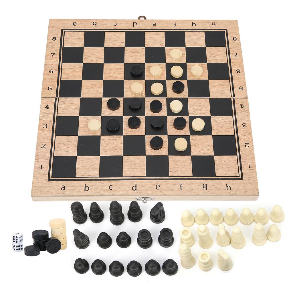 3‑In‑1 Wooden Chess Checkers Folding Portable Interactive Chess Board Toy