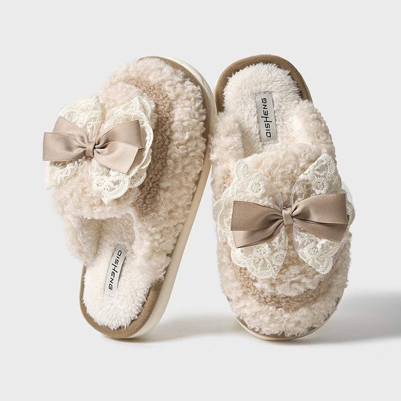 Lace bow plush slippers autumn and winter new home non-slip warm advanced sense can be worn outside thick-soled cotton slippers