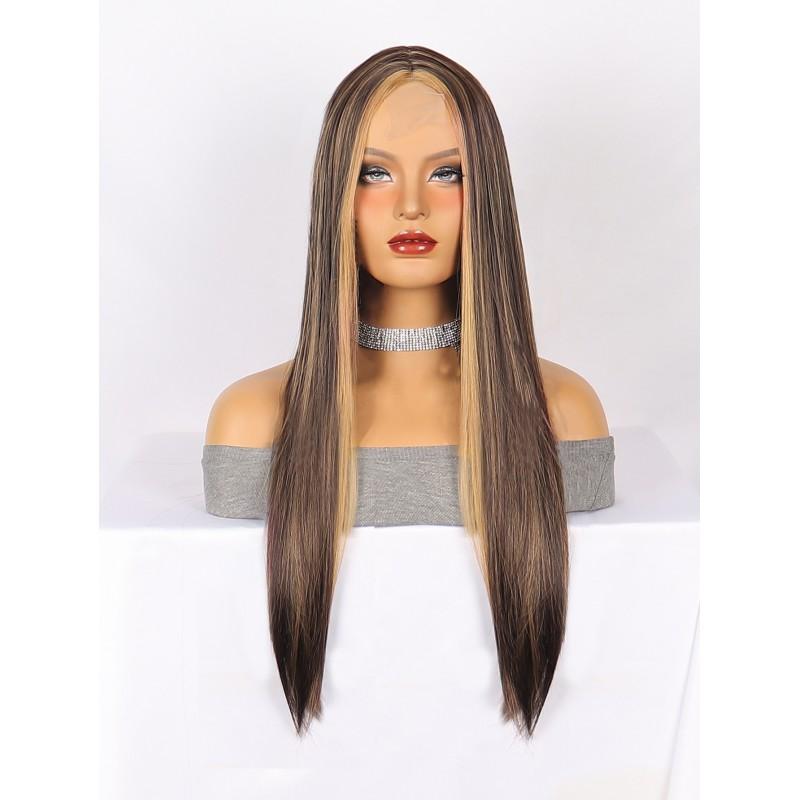 Brown Highlight Short Straight Lace Front Wig Women Synthetic Heat Resistant Glueless