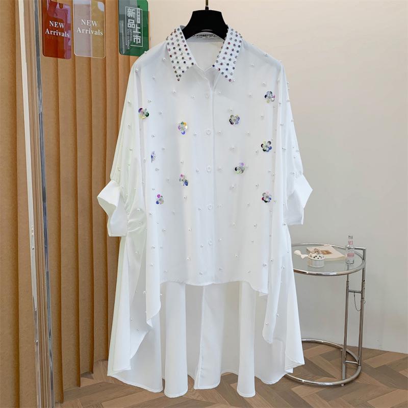 Niche Design 2026 Sequin Floral Mid-Length Plus Size Shirt Dress with Beaded Rhinestone Detail L Plus Size