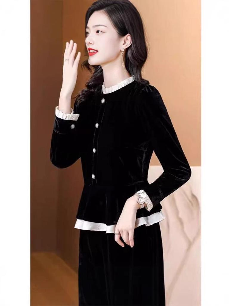 Women's Velvet Stand Collar Top – Elegant Slimming Long Sleeve for Autumn/Winter 2026