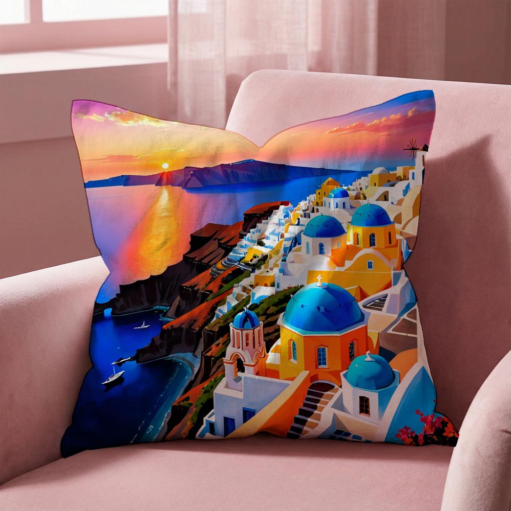 Santorini Landscape Cushion Cover Multi-Scene Pillow Cover for Home & Car - Reversible, Soft & Durable for Daily Use