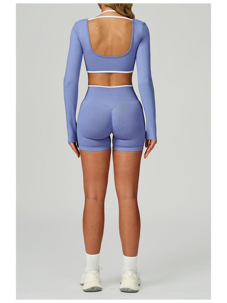 Sömlös Color Block Tvådelad Långärmad Cropped Yoga T-shirt för Löpning & Fitness