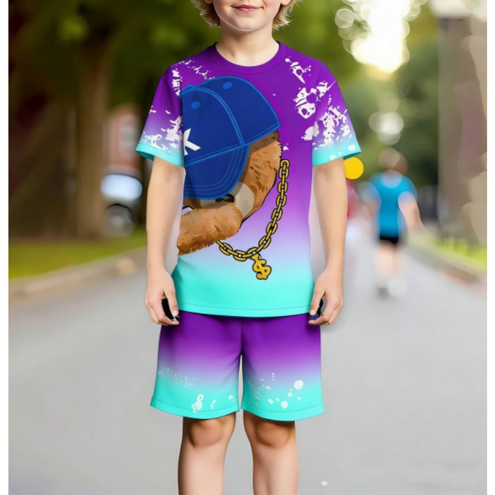 Europe and America Funny Bear Fashion Men's Set Summer Men's T-shirt and Shorts 2 Piece Set Outdoor Casual Men's and Women's Outfit