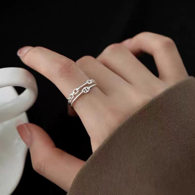 925 Sterling Silver Double Layer Pig Nose Open Ring - Women's High-Grade Plain Band for Index Finger, Niche Design