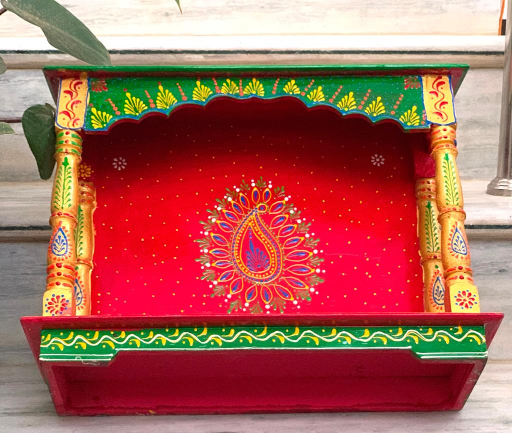 Handmade Painted Wood Mandir: Embossed Hindu Home Altar