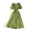 Summer women's niche French heavy industry embroidery waist V-neck short-sleeved dress women's thin temperament single-breasted long dress