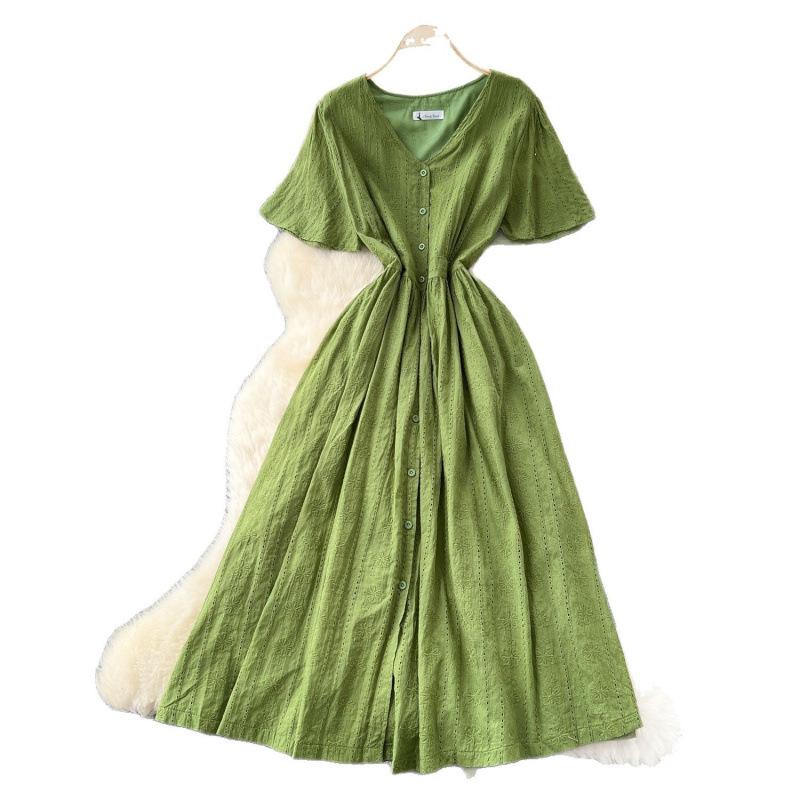 Summer women's niche French heavy industry embroidery waist V-neck short-sleeved dress women's thin temperament single-breasted long dress