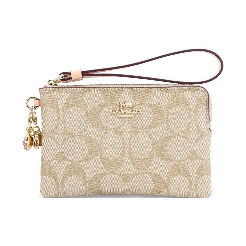 Coach Boxed 16 Classic Presbyopia Zipper Gift Box Coated Canvas with Leather Wrist Bag Clutch Regular Women's Khaki