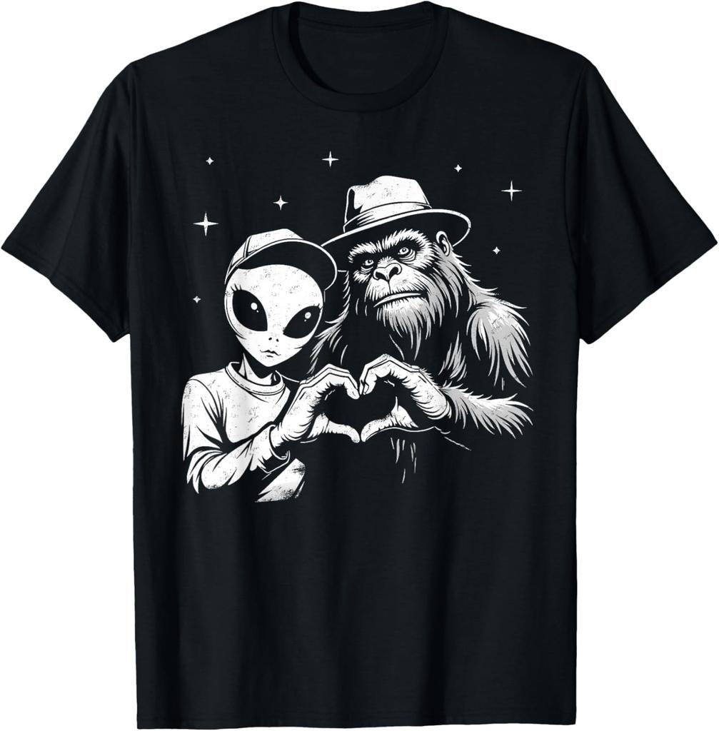 Bigfoot And Alien Love Hand Sign Funny Sasquatch Unisex T-Shirt
