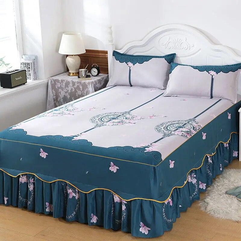 3 Pcs Classic Bed Skirt Princess Style Cotton Sheet Set Plain Bedspread for Bed Queen King Size Bed Cover with Pillowcases