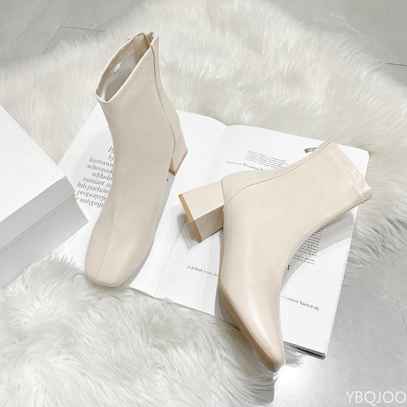 Fashion European and American Women's Fashionable Winter Versatile Solid Color Square Heel Back Zipper Short Boots Zapatos De Mujer