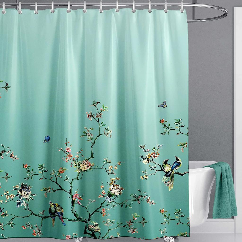 Pink Cherry Blossom Peach Blossoms Shower Curtain Set Flowers White Background Girl Bathroom Polyester Cloth Screen 12 With Hook