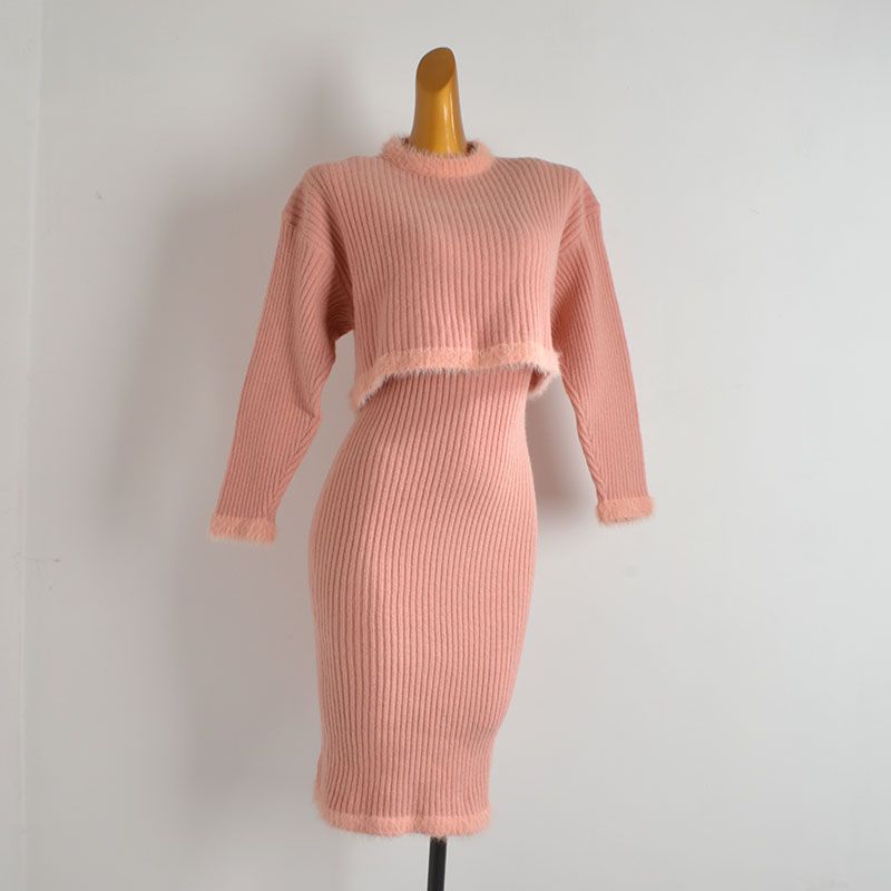 

Fall and Winter New Arrival Pure Color round Neck Long Sleeves Knitting Sweater and Sleeveless Dress Women s Clothing Two-Piece Set Hip Bag Dress Suit Pink