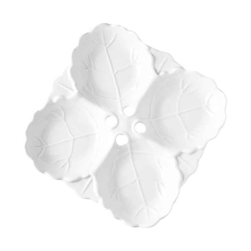 Embossed Leaf Design White Ceramic Divided Plate - Four Sections for Snacks or Cold Dishes