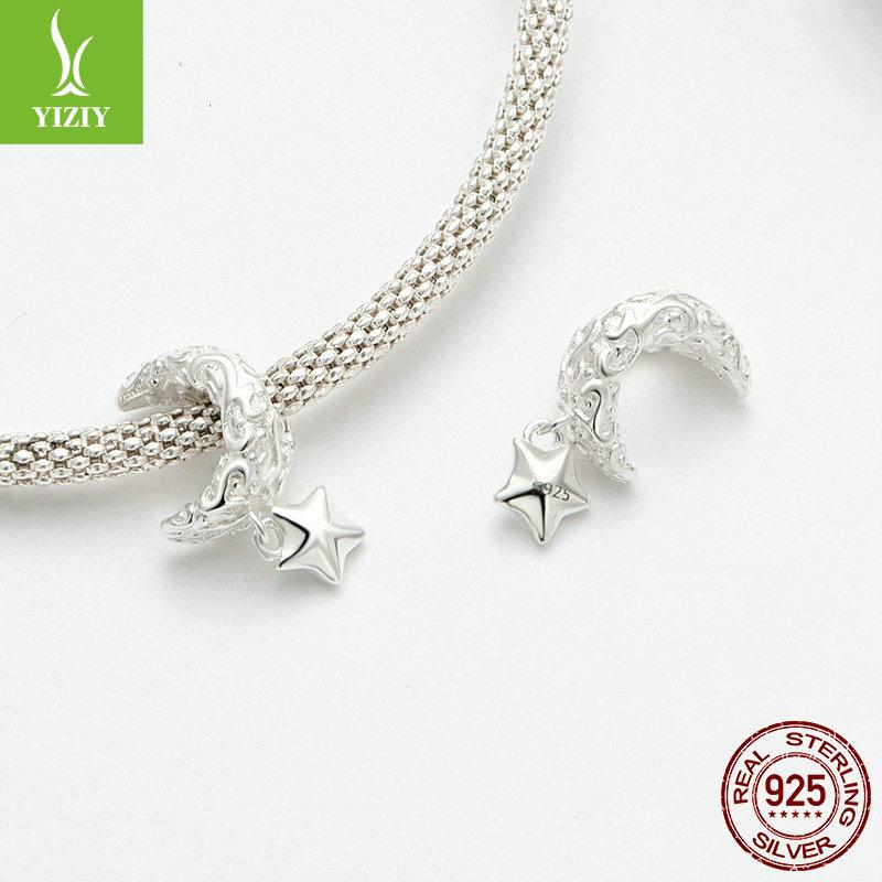 S925 Sterling Silver Moon Pattern Beaded, Elegant And Mysterious Retro Style Diy Star And Moon Pendant Accessories