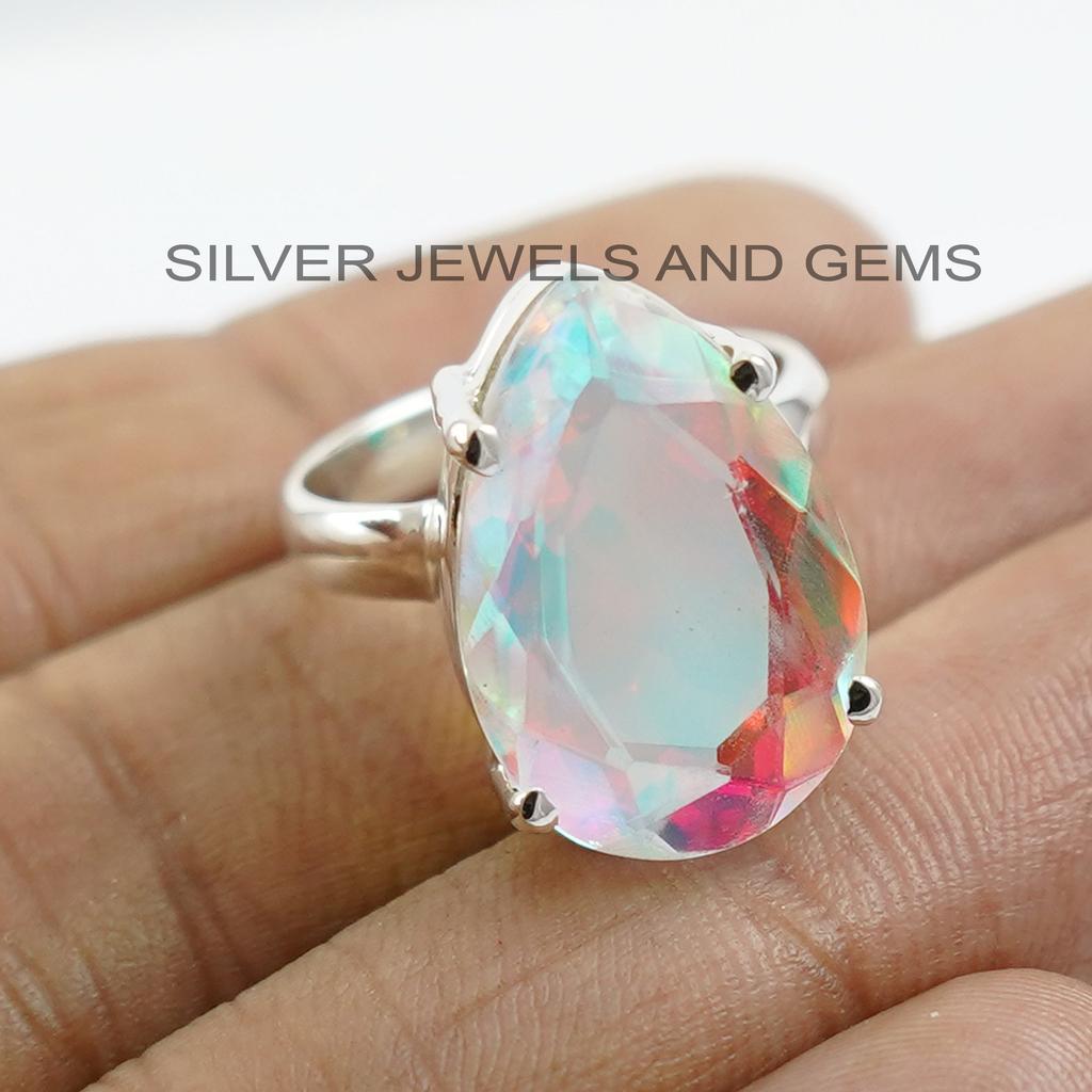 Angel Aura Quartz Ring, Handmade 925 Sterling Silver Ring, Teardrop Aura Quartz Ring, Gift for Girls, Gemstone Ring