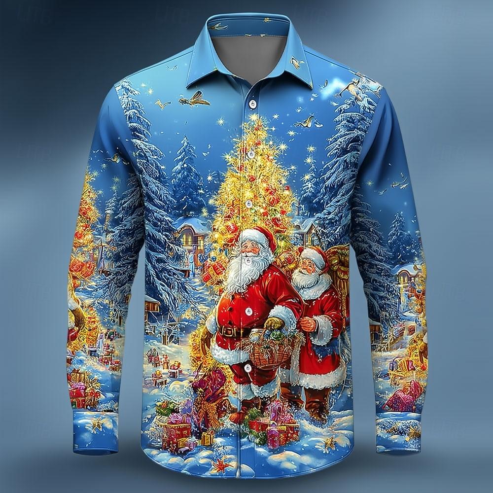 Heren Lange Mouw Shirt Kerstman Kerstboom Kerstcadeau Shirt Streetwear Casual Comfort Slim Fit Overhemden