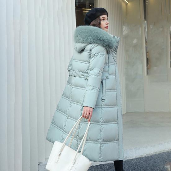 Winter Women Cotton Jacket with Hood Neck Protection Long Sleeves Pockets Mid-calf Length Zipper Closure Padded Coat Solid Color Windproof Outwear