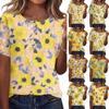 Damen Henley-Hals Knopfleiste Kurzarm Baumwolle Leinen Hemd mit Sonnenblumen-Print Lässige Lockere Passform Bluse Top