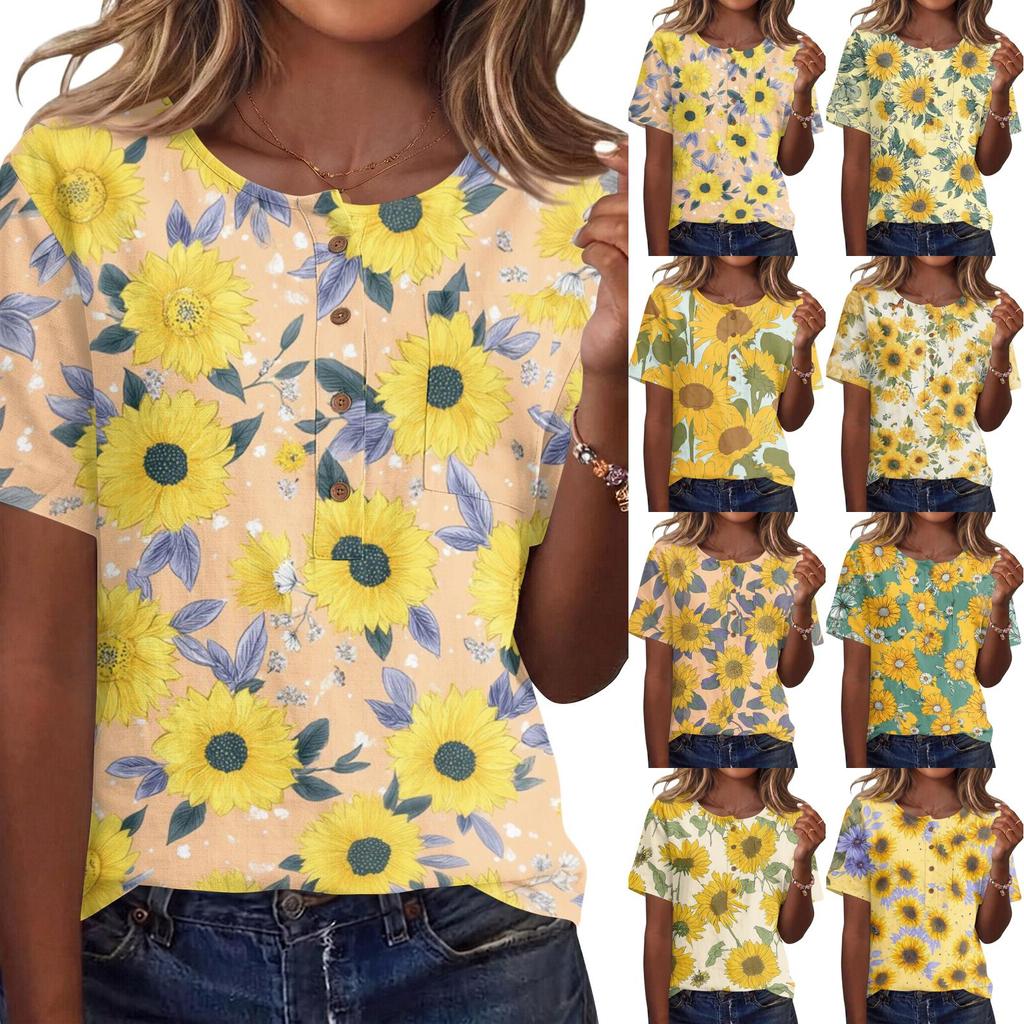 Damen Henley-Hals Knopfleiste Kurzarm Baumwolle Leinen Hemd mit Sonnenblumen-Print Lässige Lockere Passform Bluse Top