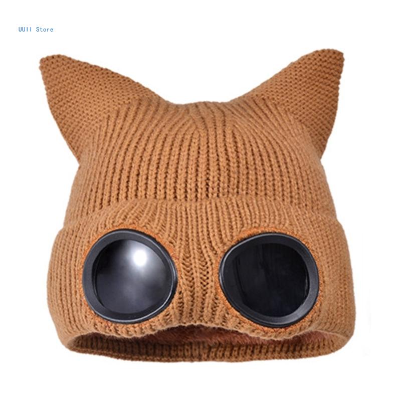 

Зимняя вязаная шапка с кошачьими ушками, очками и флисовой подкладкой для активного отдыха, катания на лыжах, походов, теплая для женщин и девочек света кофе