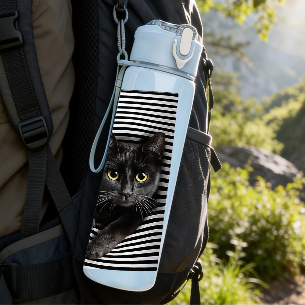 1PC Black Cat Stripe Background Print 750ml Color Plastic Sports Water Bottle Leakproof Flip Straw Lid Suitable for Sports Office Home Use