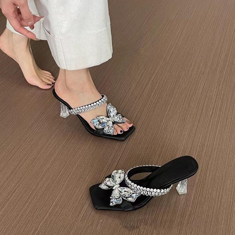 Fashion Fairy Square with Flip-flops Women's Fashion Square Head Sequined Butterfly Knot Foot Non-slip Wear Heels