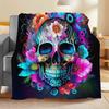1pc Cozy Skull Print Flannel Throw Blanket - Contemporary Digital Print Soft and Warm All-Season Knitted Polyester Blanke