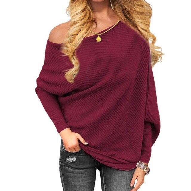 Women Sexy Off Batwing Sleeve Sweater Pullovers Long Sleeve Knitted One Shoulder Spring Autumn