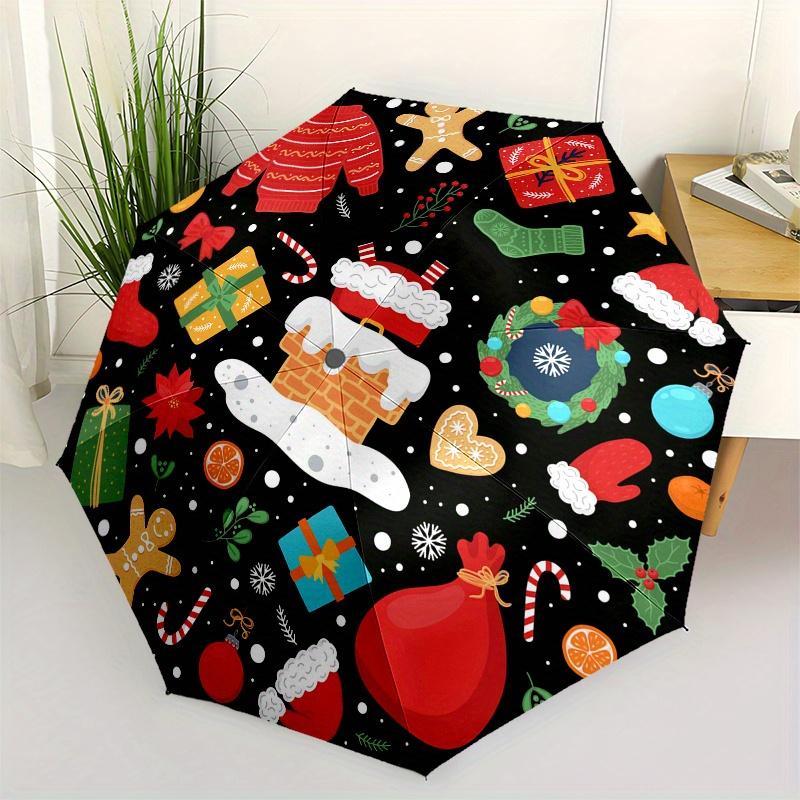 

Automatic Open/Close Umbrella - Christmas Holiday Roundel with Presents, Gingerbread Men, Santa Claus - Compact 3-Fold Portabl
