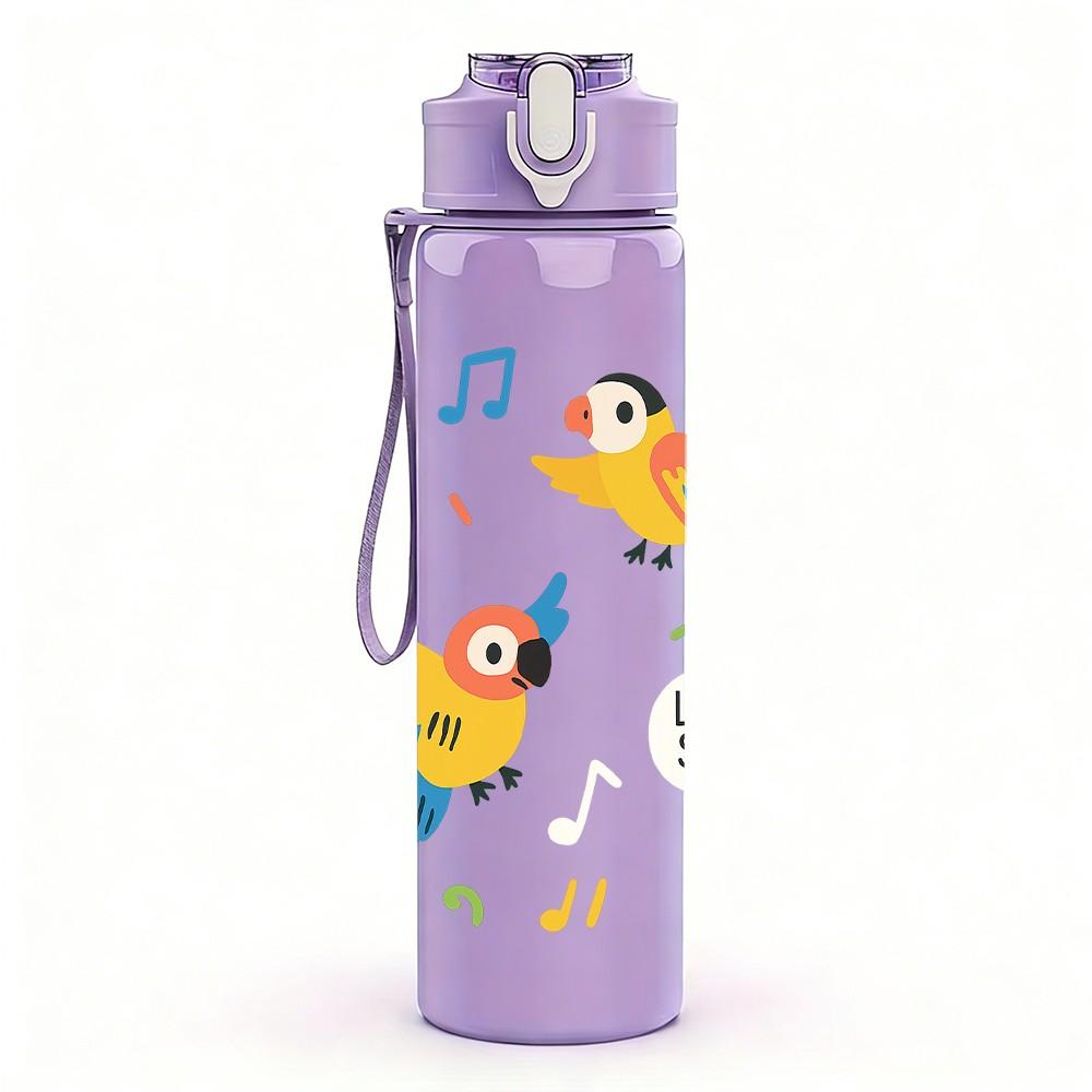 1PC Colorful Bird Repeat Pattern 750ml Color Plastic Sports Water Bottle Leakproof Flip Straw Lid Suitable for Sports Office Home Use