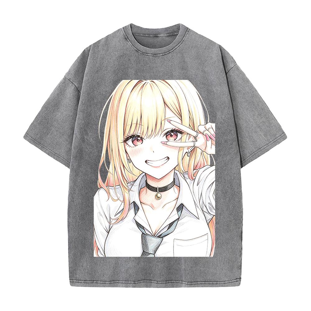 Kitagawa Marin Print T-shirt Anime My Dress Up Darling Clothing Men Women Cotton Tshirts Vintage Washed T Shirt Loose Streetwear