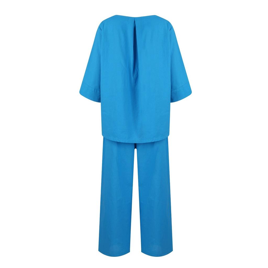 Women's Round Neck Color Casual Cotton Linen 3/4 Sleeve Top And Pants Set