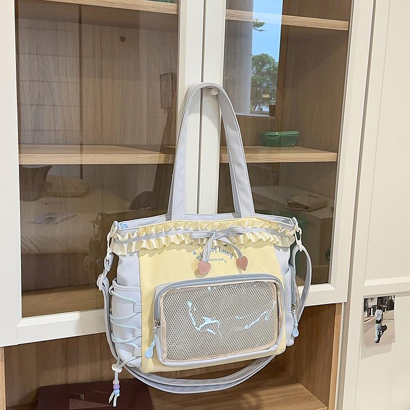 Women's Color Block College-Style Backpack with Ballet Ruffle Lace Design