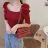 Summer Design Retro Square Neck Slim Knit Top Short Sleeved T-shirt for Women